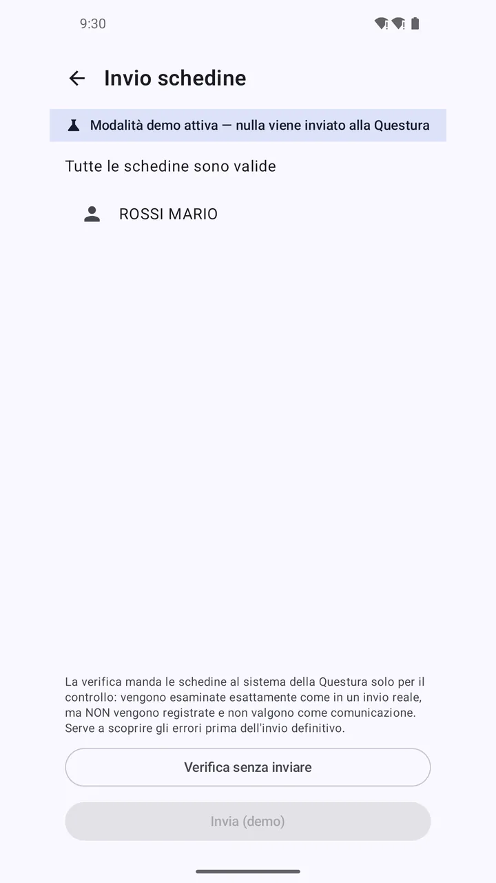 App Android Alloggiati Facile: «Tutte le schedine sono valide», verifica prima dell'invio.