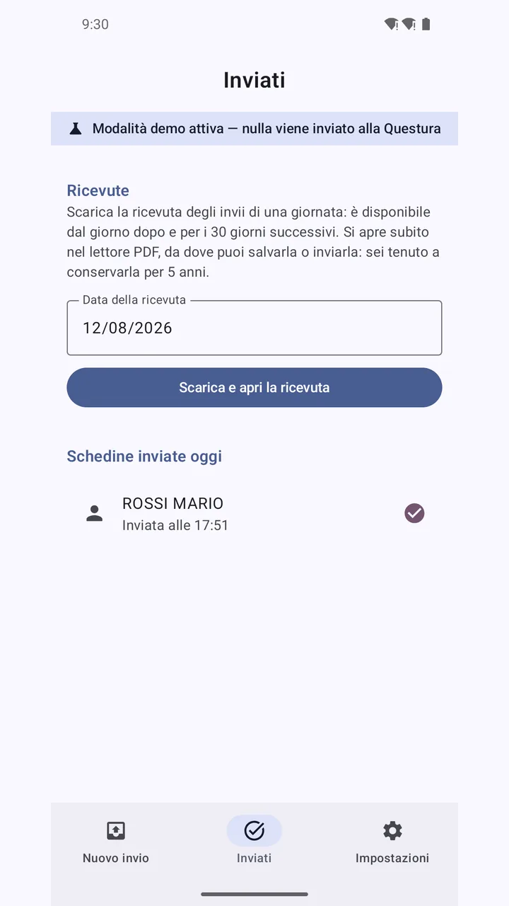 App Android Alloggiati Facile: la ricevuta della comunicazione da scaricare.